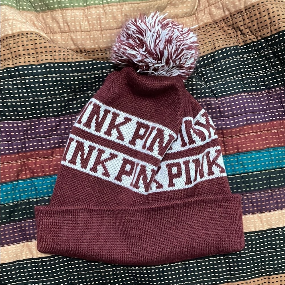 PINK Victoria's Secret maroon and White‎ Knit Hat with Pom-Pom